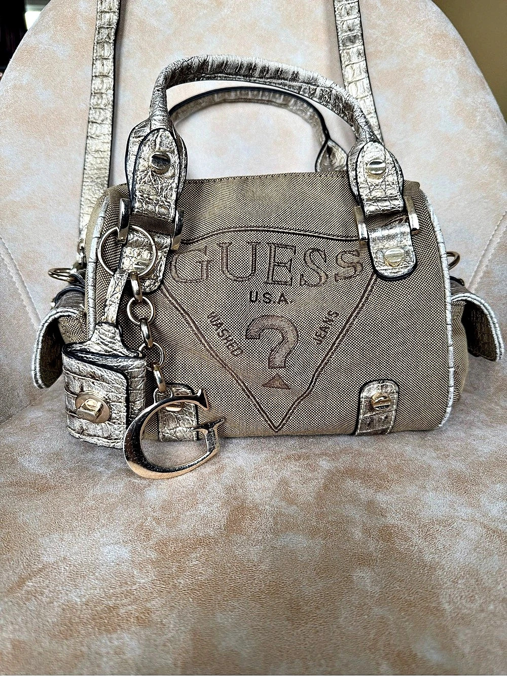 GUESS Vintage Y2K Metallic Gold Canvas Mini Duffle Bag